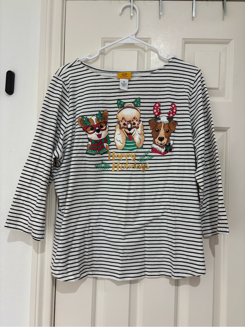 Ruby Rd. Vintage Black & White Striped Mid Sleeve Happy Holidays Dog Graphic Tee